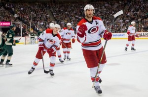 Mar 19, 2016; Saint Paul, MN, USA; Carolina Hurricanes forward Jordan Staal (11) celebrates his goal in the third period against the Minnesota Wild at Xcel Energy Center. The Minnesota Wild beat the Carolina Hurricanes 3-2 in a shoot out. Mandatory Credit: Brad Rempel-USA TODAY Sports
